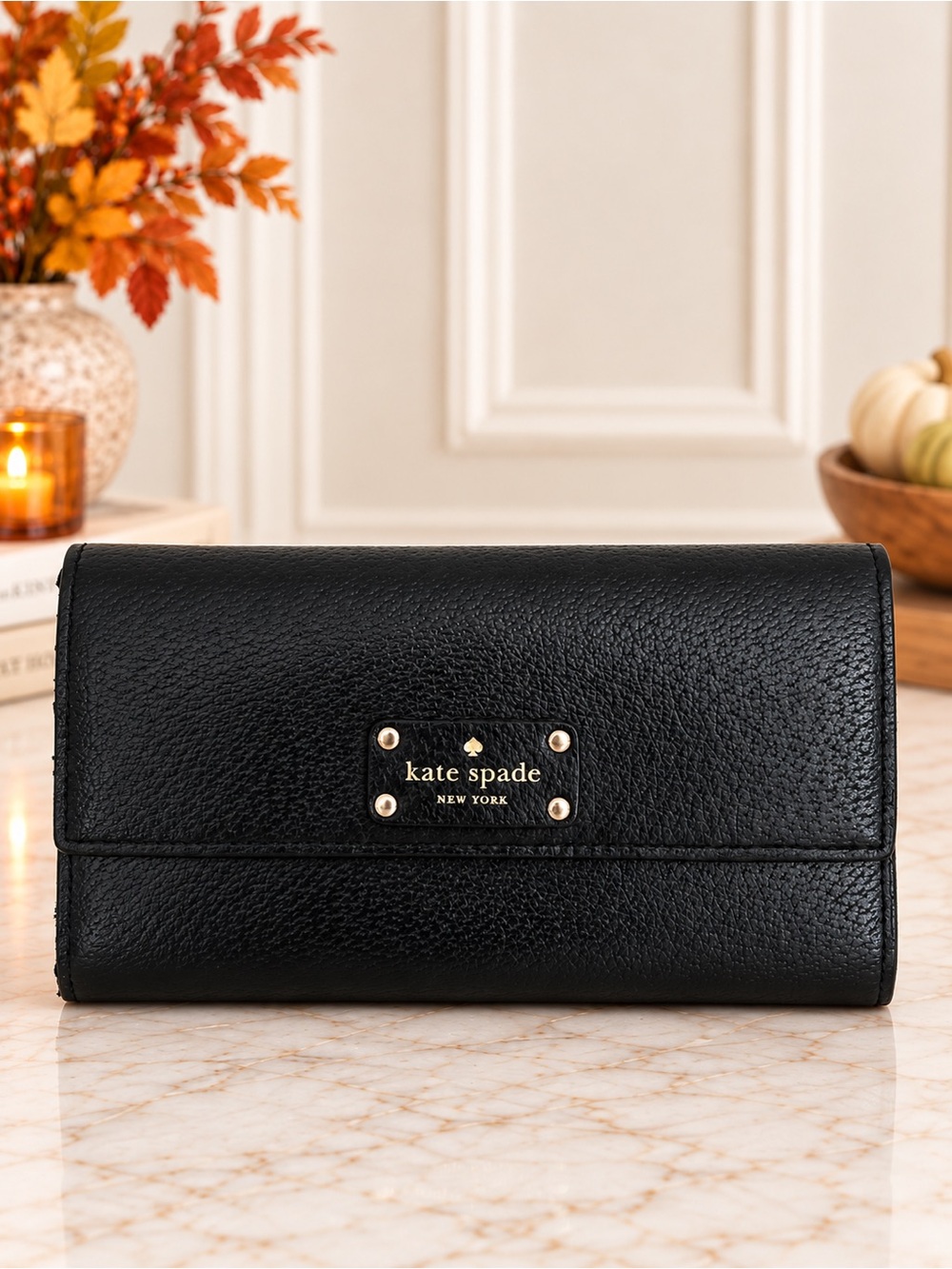 Kate Spade Black Leather Continental Flap Wallet Gold Logo